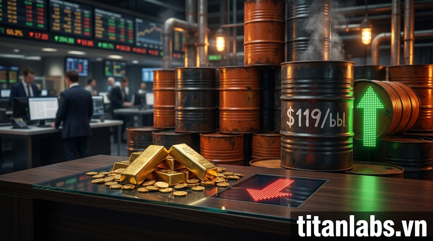 Vàng lao dốc 9% dù dầu thô vượt 119 USD/thùng